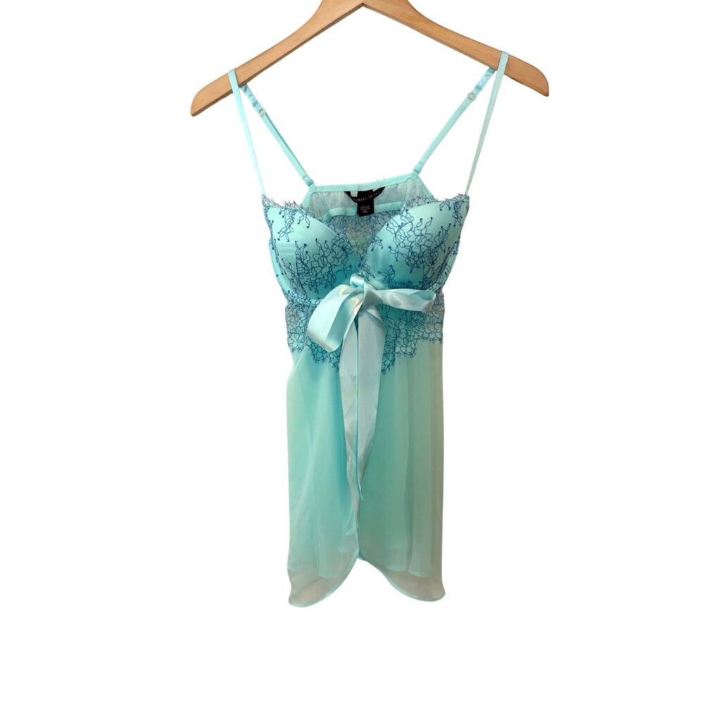 Victorias Secret Aqua Blue Sheer Lace Babydoll Lingerie‎ Bow Size 34C Flirty